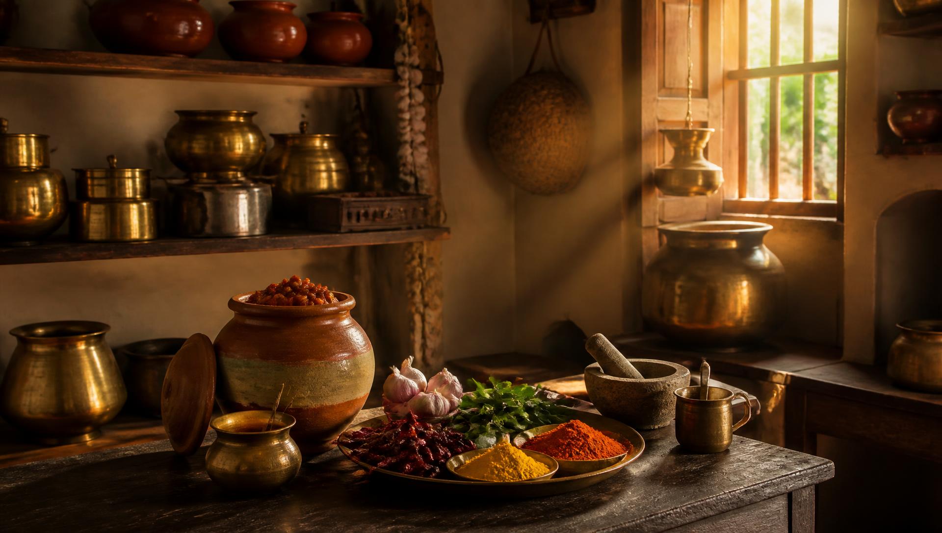 A traditional Andhra kitchen with brass vessels in warm morning light
