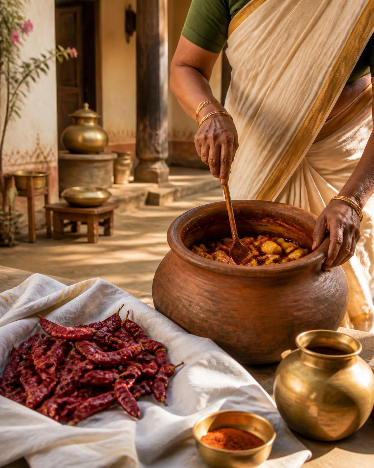 Hands stirring mango pickle in a clay jar in a sunlit Andhra courtyard